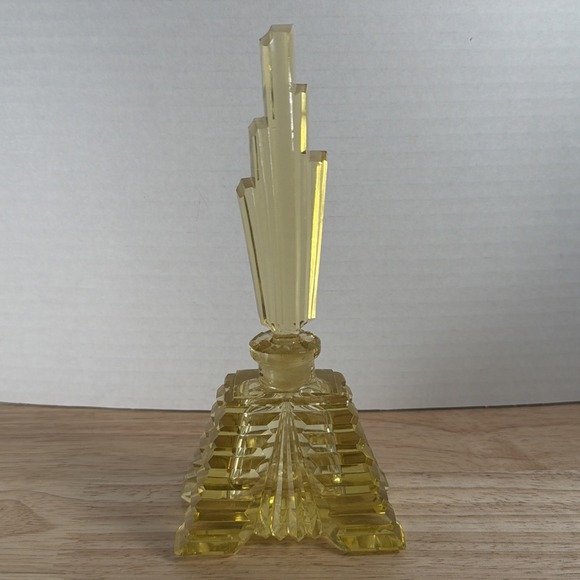 Other - Art Deco Yellow Cut Crystal Glass Etched Perfume Bottle With Stopper Czech